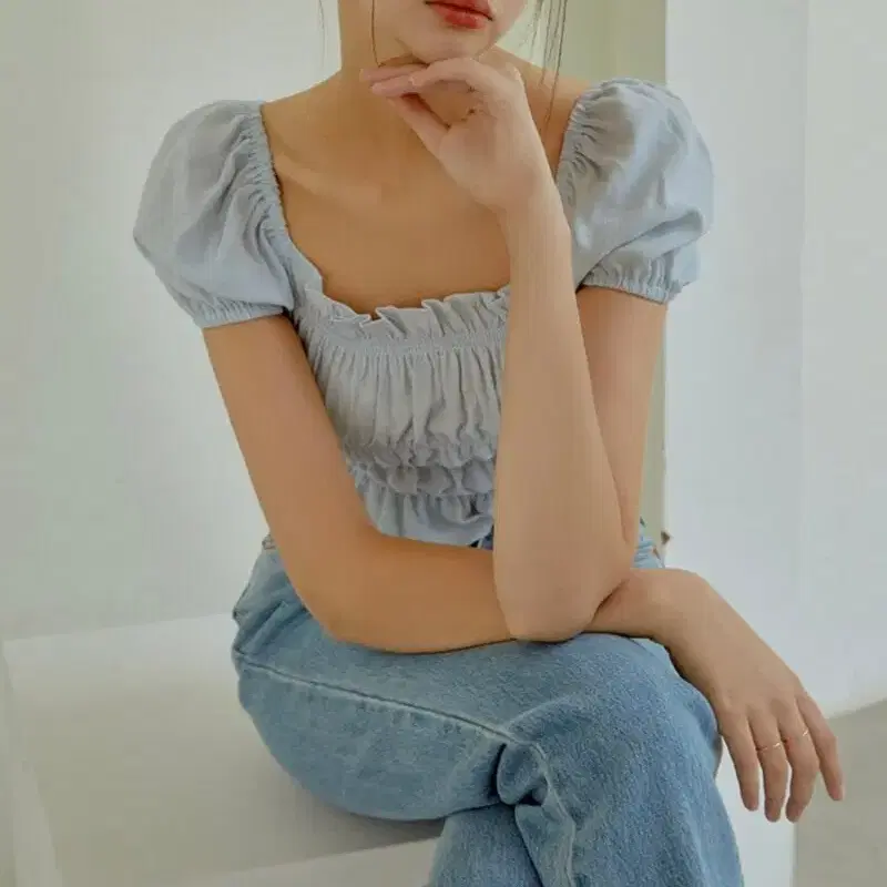 RE_L 리엘 Cupcake shirring blouse sky blue