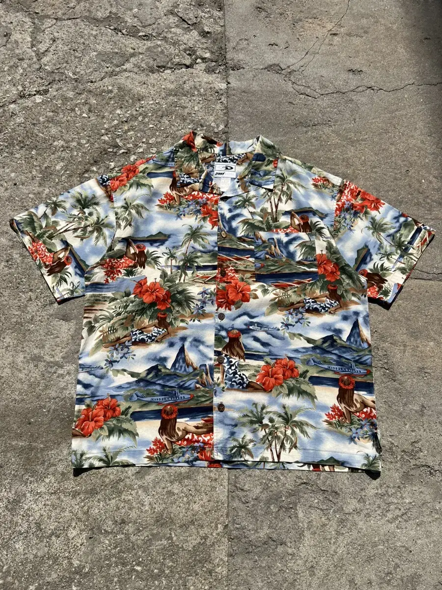 1990s GOOD VIBES Hula Girl Hawaiian Girl Aloha Shirt