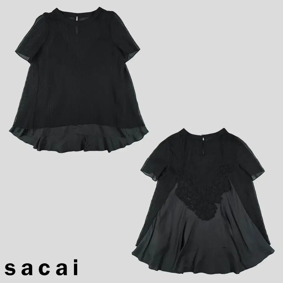 SACAI 사카이 블랙 플라워 패턴 레이스 플리츠 플레어 시스루 폴리 블