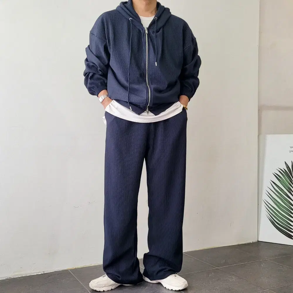 [Set price]Cooling pleated overalls with hooded zip-up string wide leg pants 4 colors