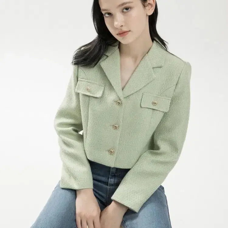 Clet 클렛-Collar Tweed Crop Jacket Olive