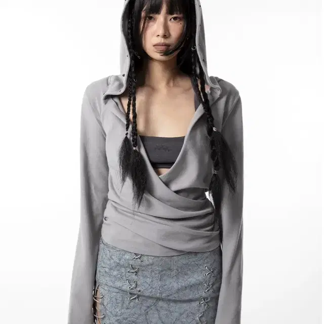 leey rivet hoodie shirring robe top gray