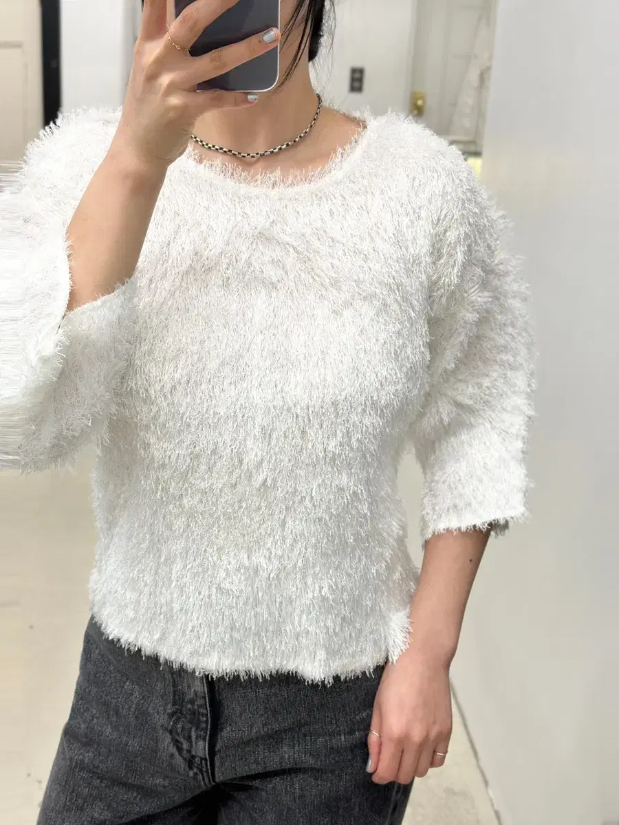 Pleated faux fur short sleeve top