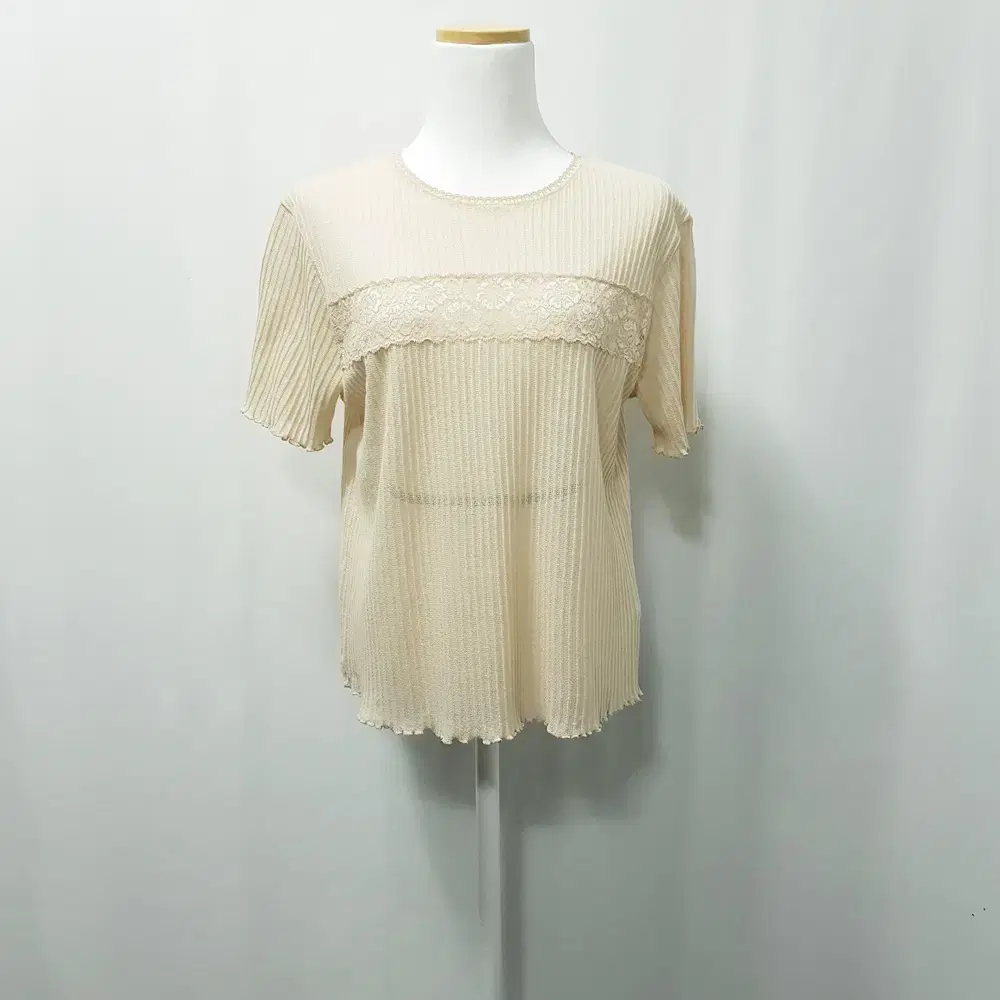 JPN Vintage Ruffle Lace Ribbed See-Through Short Sleeve T-Shirt WomenM E166