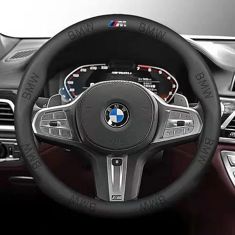 BMW M 엠블럼 가죽 핸들커버 / 타공 / 37~38cm범용 (블랙)