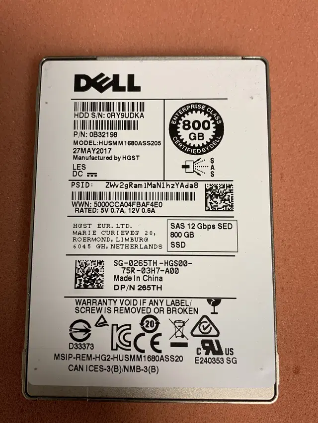 Dell 서버용 12G 800GB SAS SSD HUSMM1680