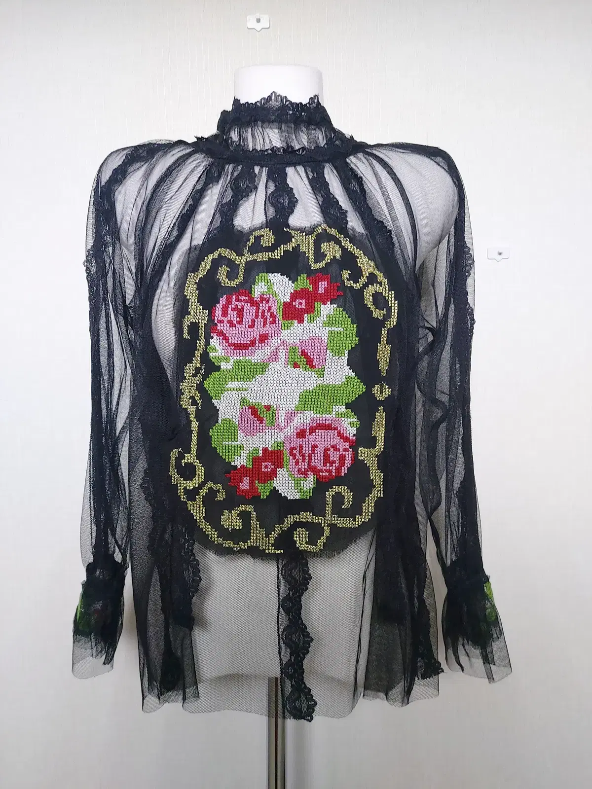 Women's Blouse Unique Cross-stitch See-through 55-99 Black Mesh