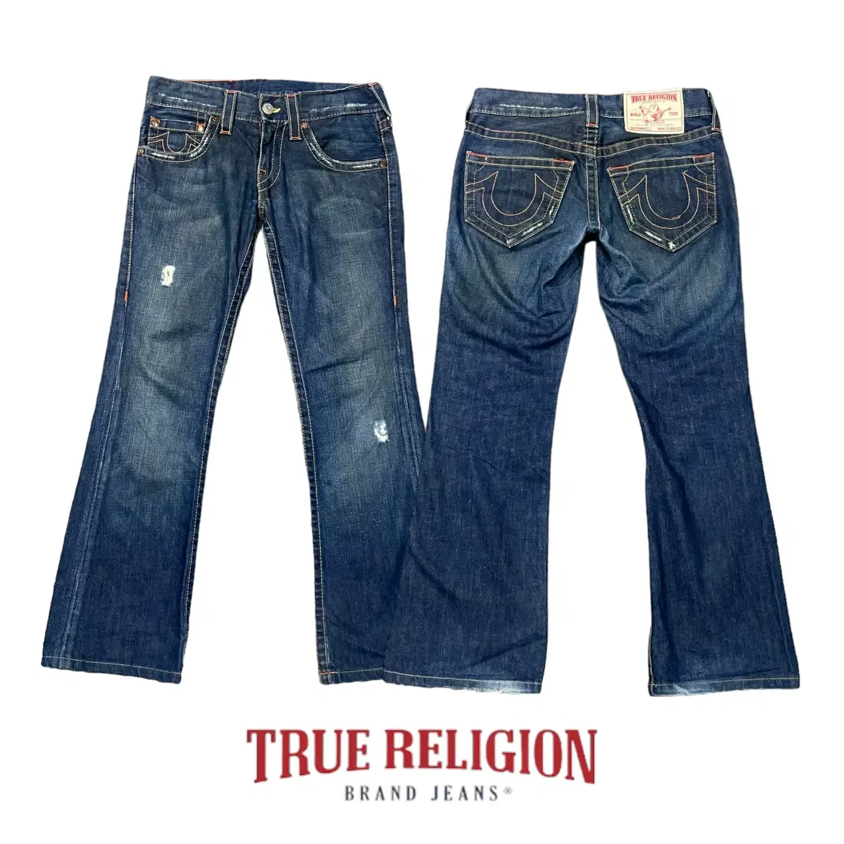 Bootcut denim pants with distressed stitching