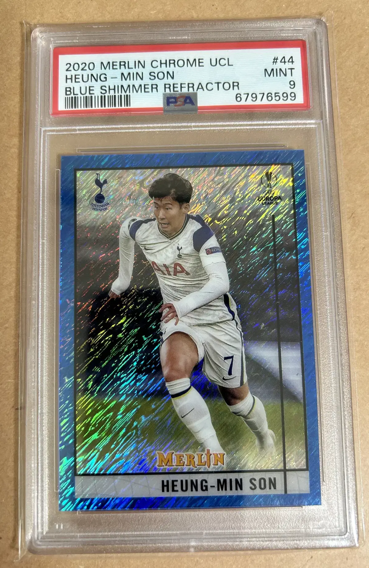 20-21 Tops Merlin Soccer Heung Min Sohn bloo Shimmer Reflector 75Limited PSA 9