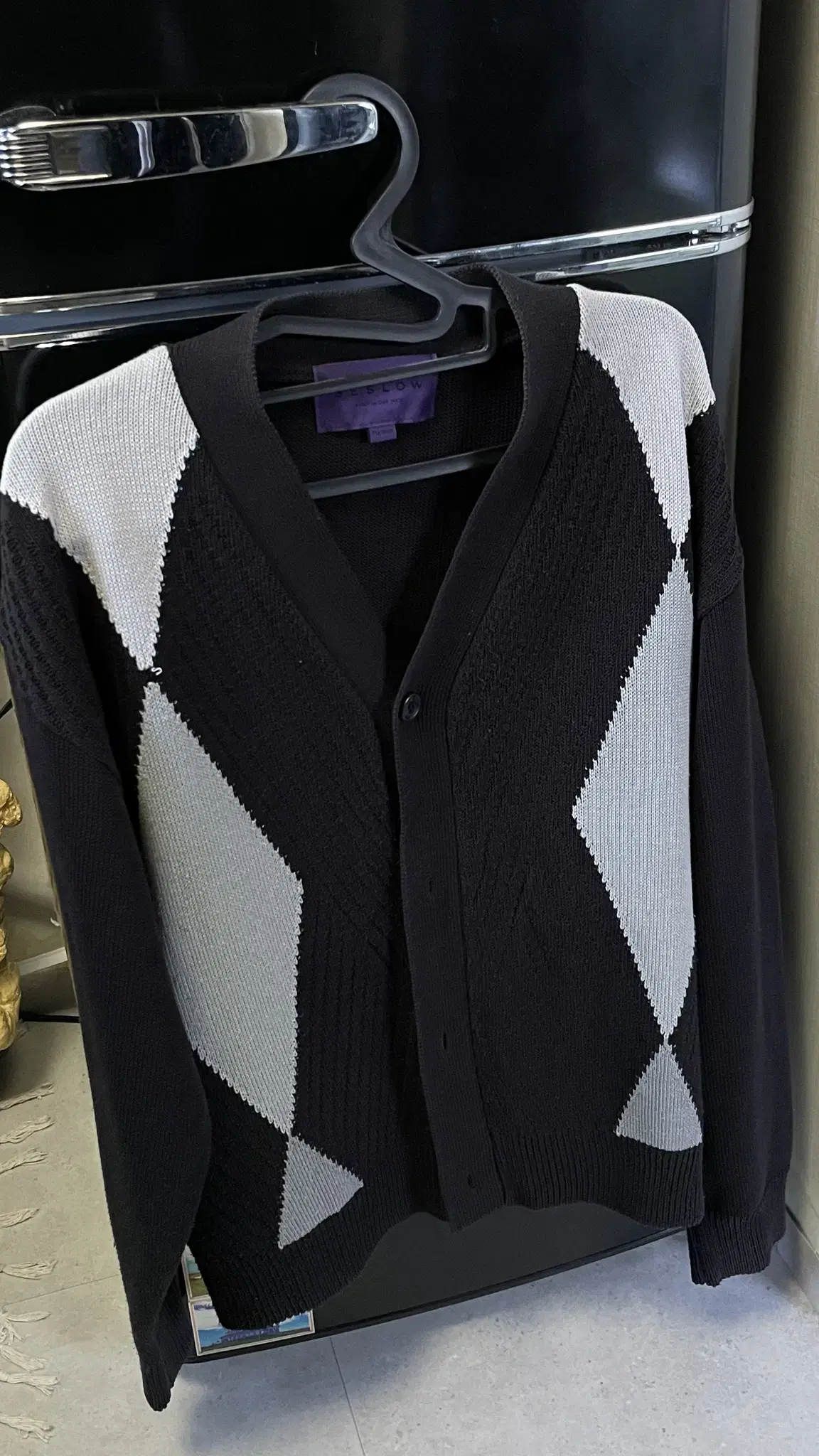 [Bisloe Purple] Argyle Pattern Knit Cardigan / Black / L