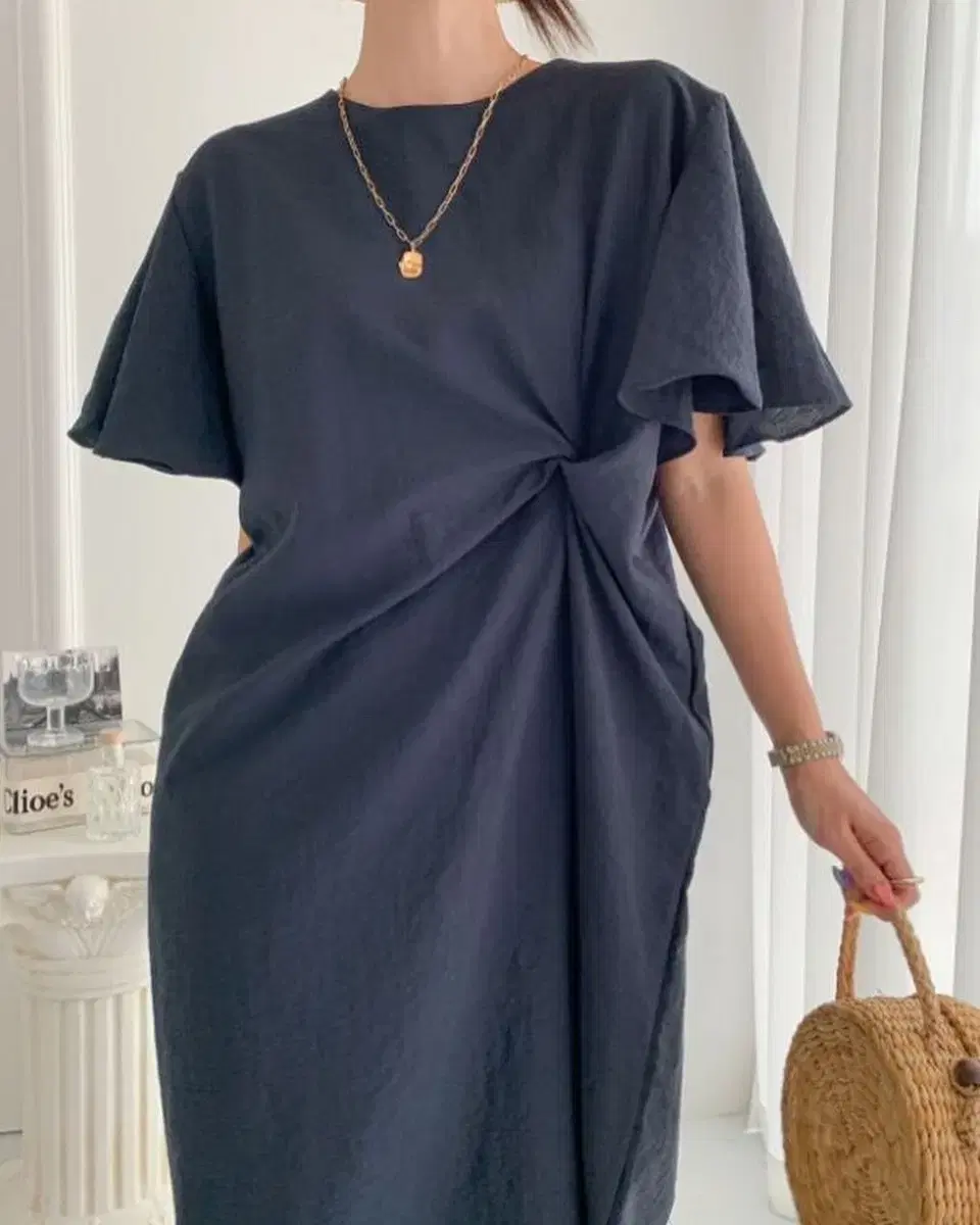 Vacation Linen Rustle Round Neck Trumpet Shirring Twist Slit Ribbon Large Size Maternity Wear