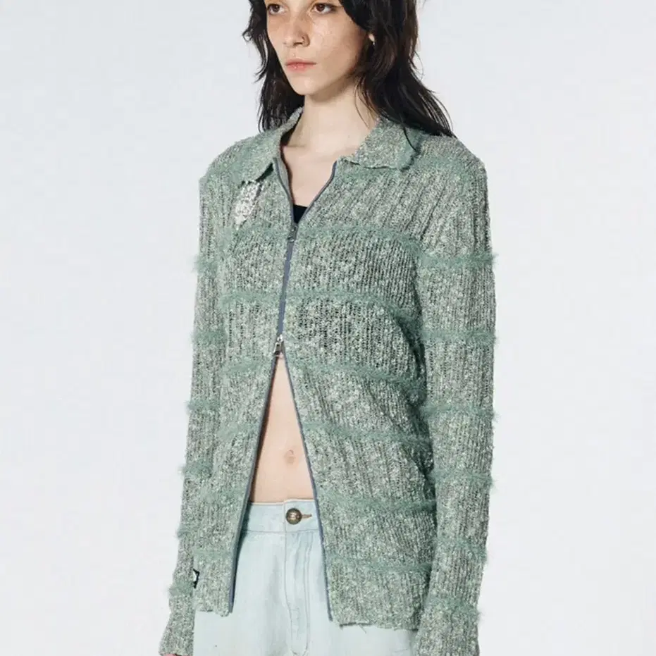 스컬프터가디건Mixed Yarn Collared Cardigan Sage