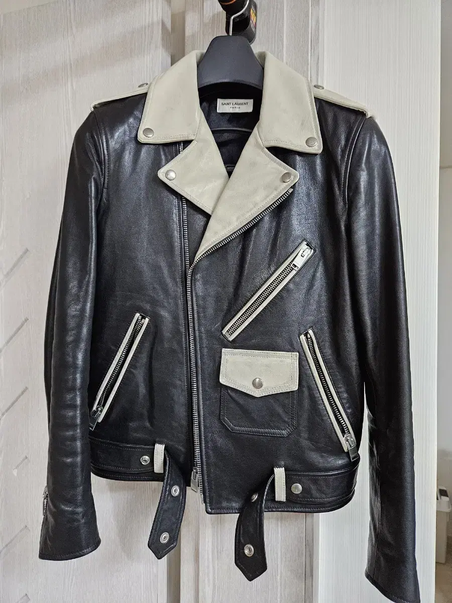 Saint Laurent Two-tone 14FW Rider Jacket for sale. 50size