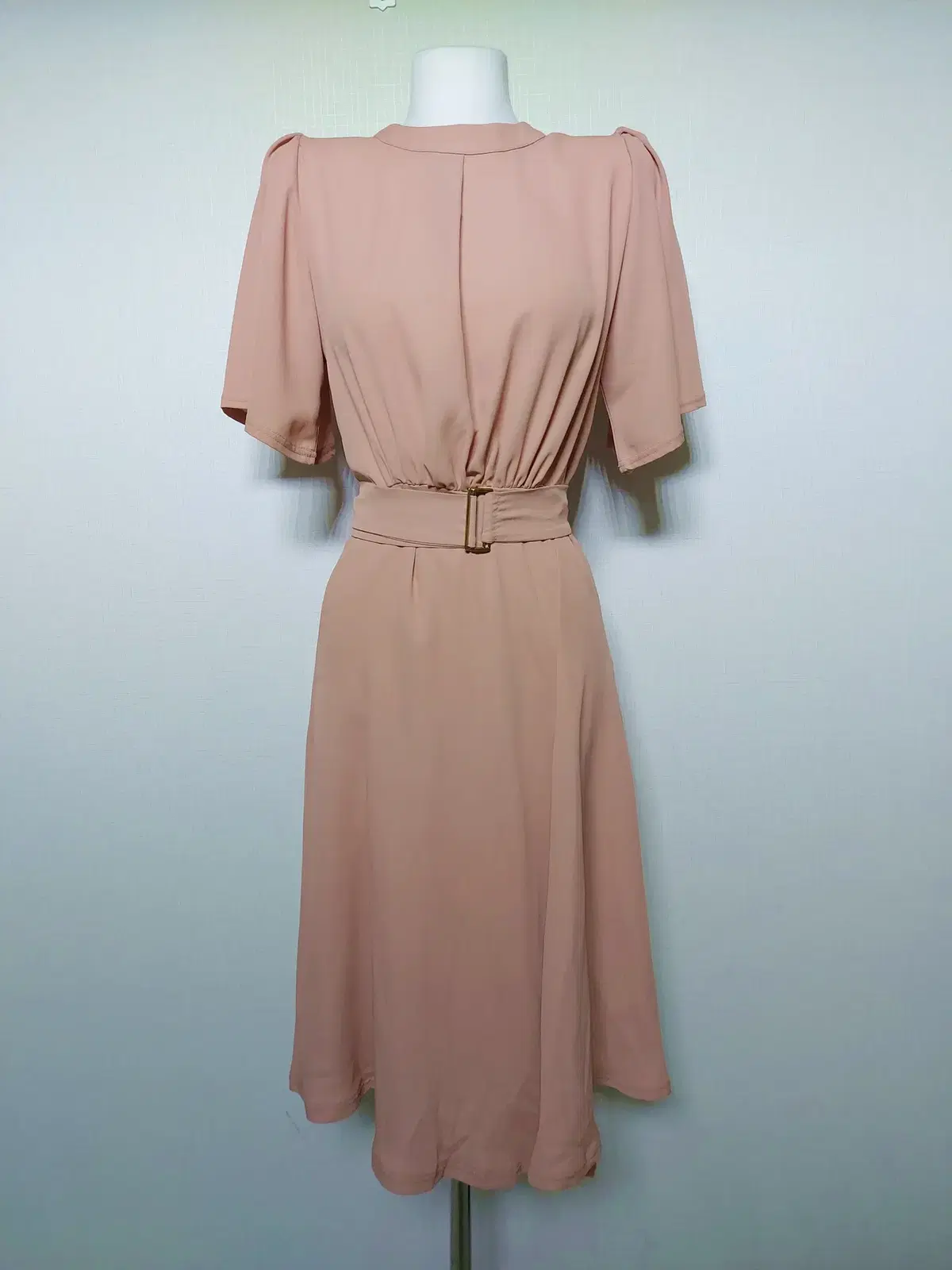 Women's Long One-Piece Dress with Belt Set, Shirring Pink Short Sleeve 55 66 Chiffon