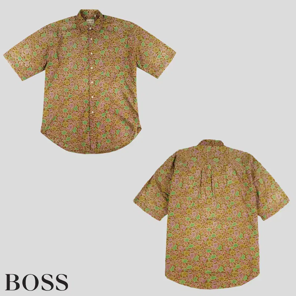 BOSS Hugo Boss Brown Green Purple Floral Oriental Hawaiian Short Sleeve Shirt ha