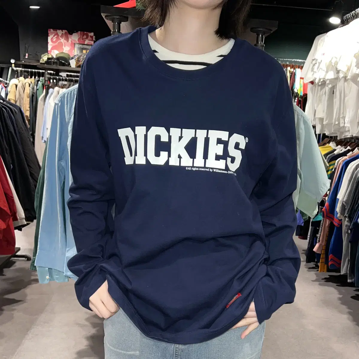 DICKIES 디키즈 전면 로고 프린팅 롱슬리브 티셔츠 네이비