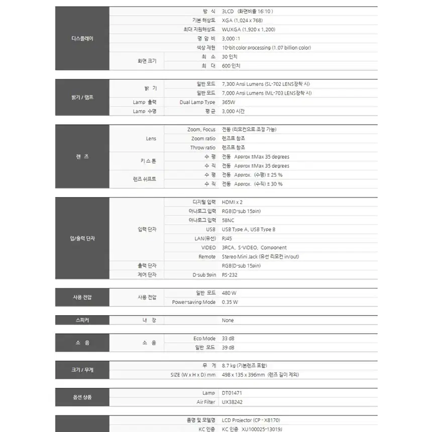 맥셀 새제품 MC-X8170 7000안시 교회 강당용 빔프로젝터