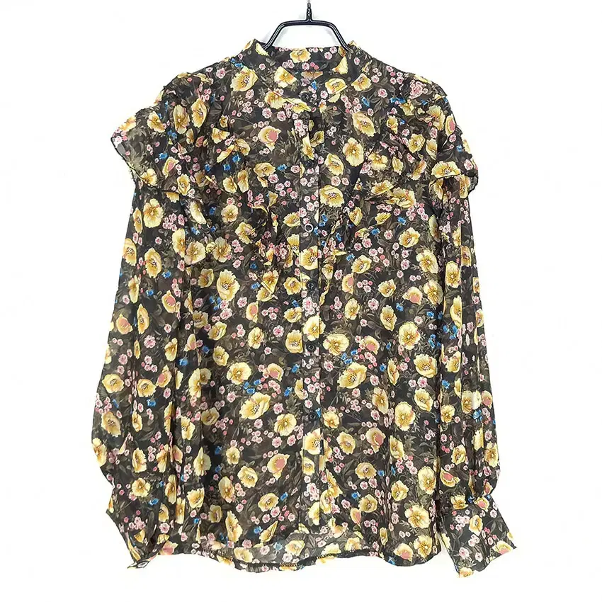 Vintage Women's Flower Chiffon See-Through Blouse Black (HU30964)