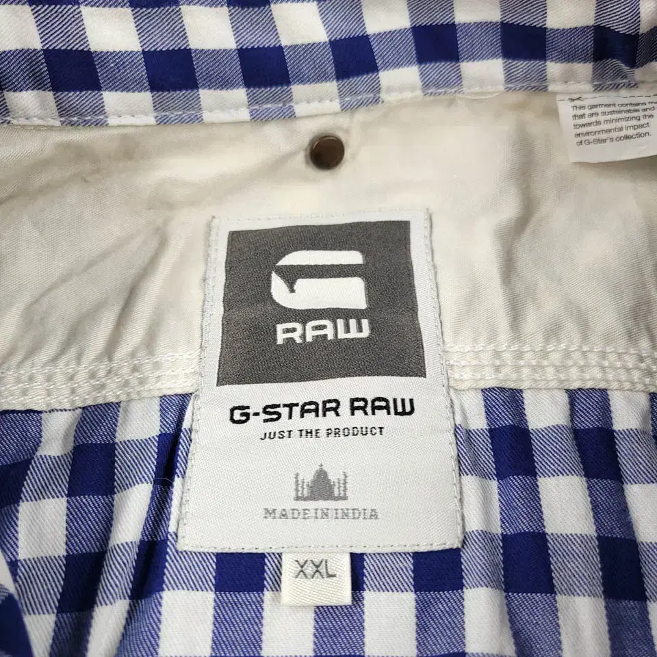 G-STAR RAW 지스타로우 블루 화이트 깅엄체크 로고패치 코튼 반팔셔