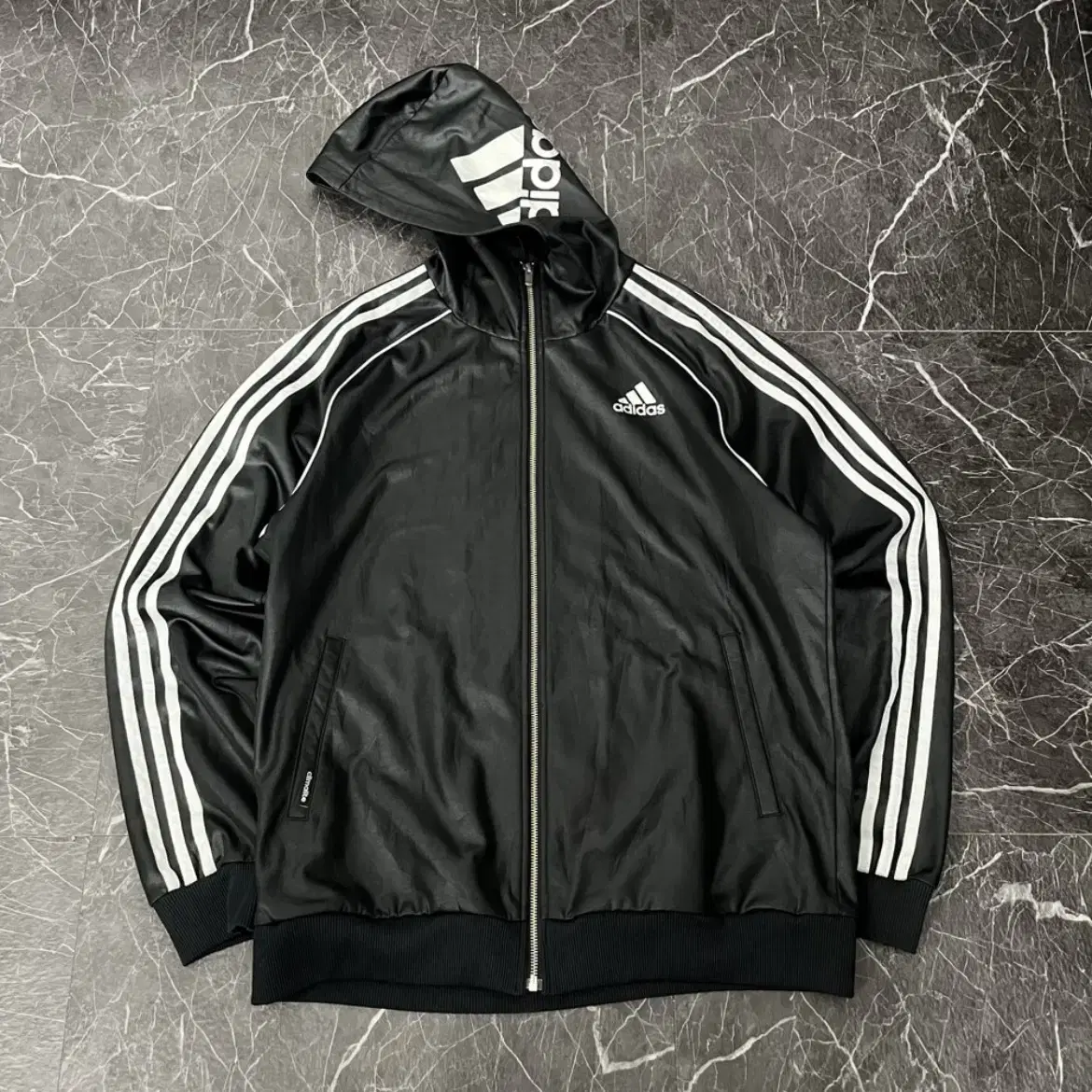 Adidas Glossy Black Three-Wire Multi Big Logo Track Hoodie Jersey