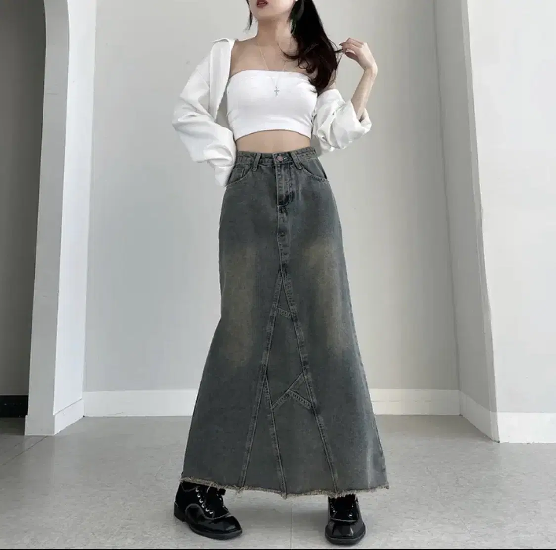 y2k vintage cut-out washed long skirt