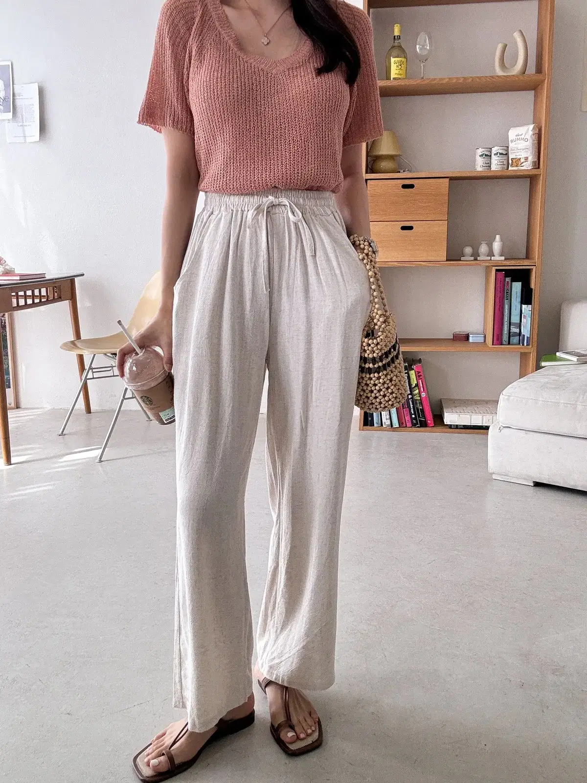 [linen wide leg pants] 2653. black beige ivory