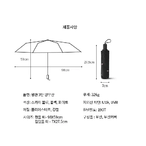 [새상품] 왕관 3단 양우산 접이식 여행 자외선차단 양산 우산 무료배송