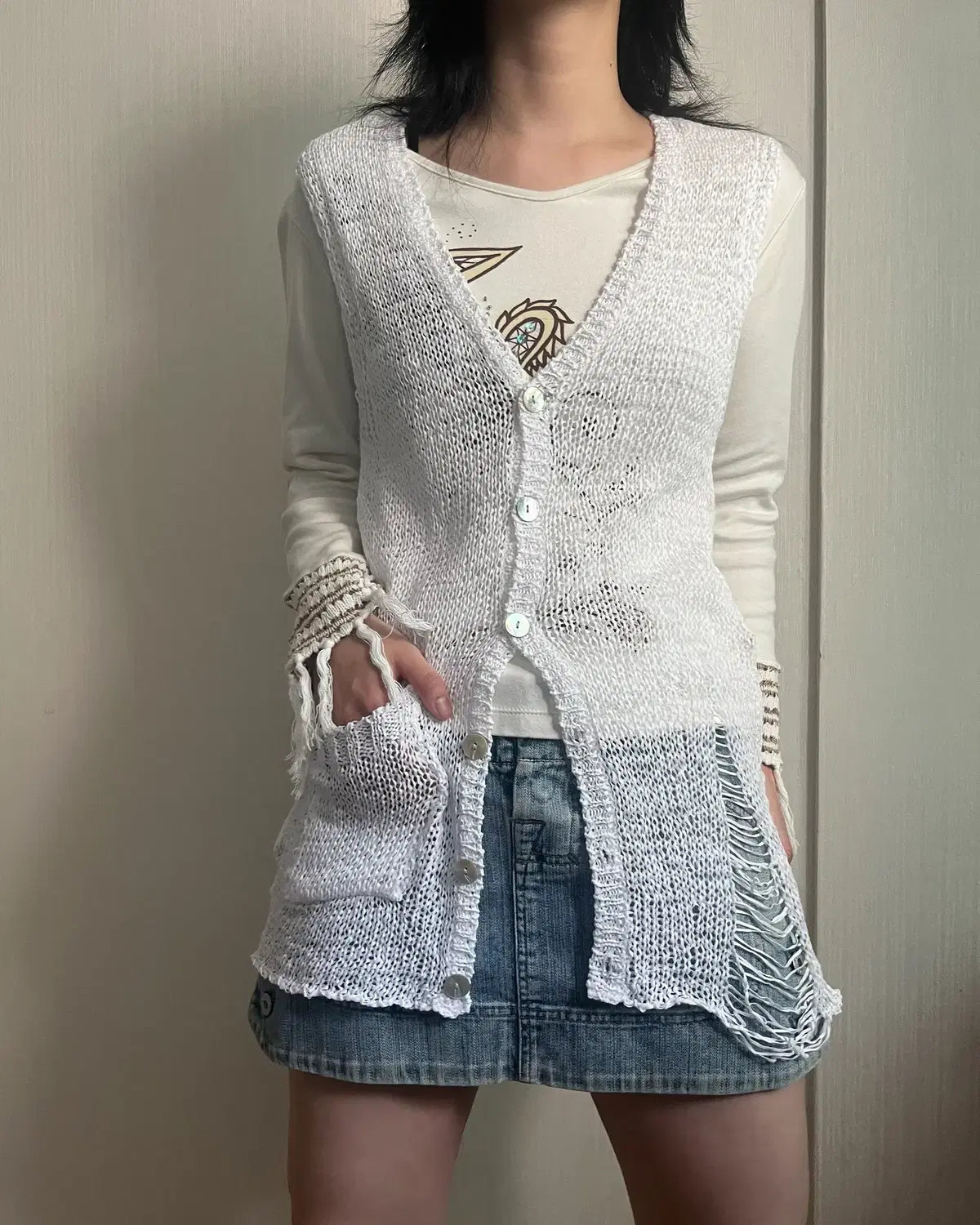 Damage point net sleeveless cardigan