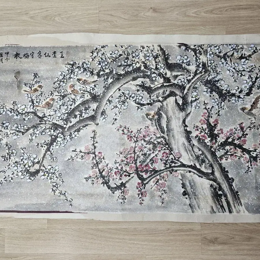 오래된동양화 설경 화조도 낙질그림 123x63cm