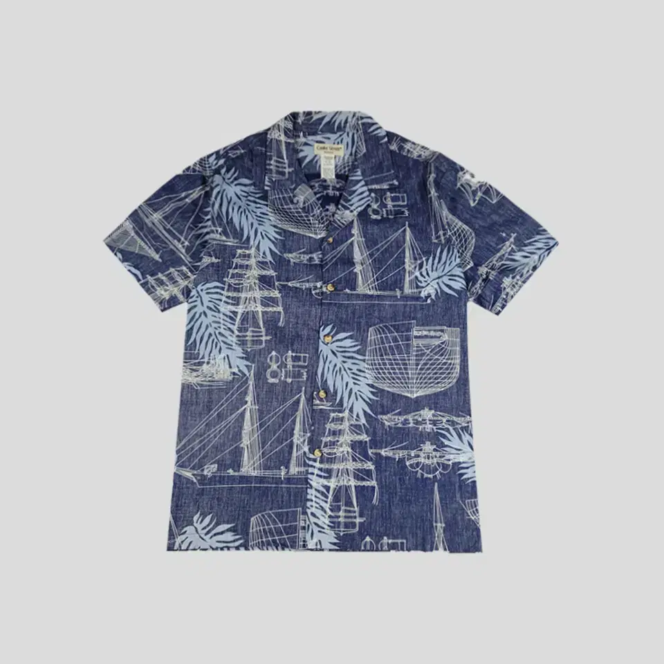 COOKE STREET Pigmented Navy Leaf Sailboat Pattern Hawaiian Shirt Vahn