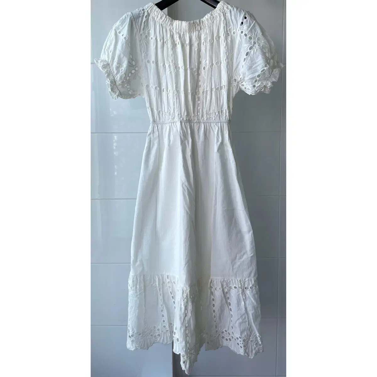 White white punched cotton embroidered long ONEPIECE lace dress puff sleeve short sleeve