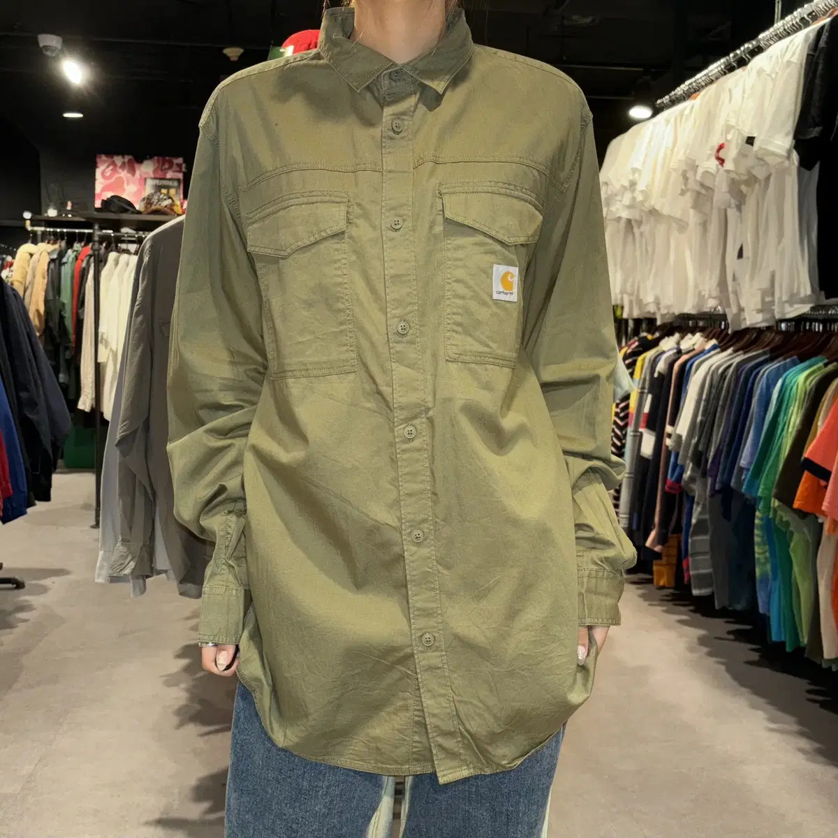 (062) CARHARTT 칼하트 올리브 투포켓 긴팔 셔츠 (M)