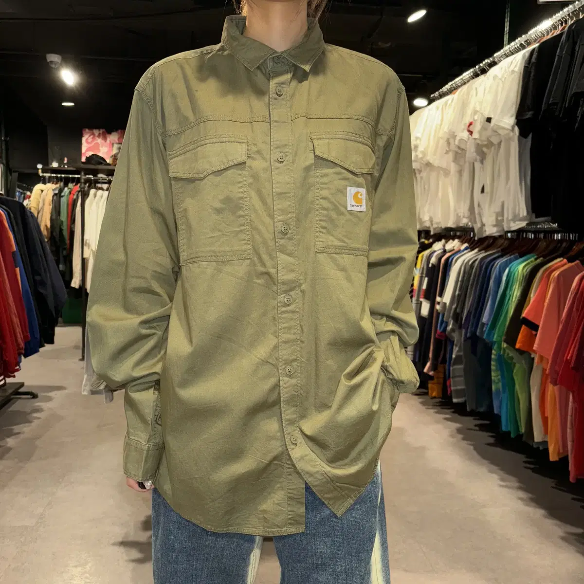 (062) CARHARTT 칼하트 올리브 투포켓 긴팔 셔츠 (M)