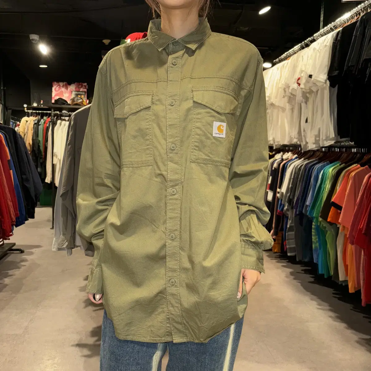 (062) CARHARTT 칼하트 올리브 투포켓 긴팔 셔츠 (M)