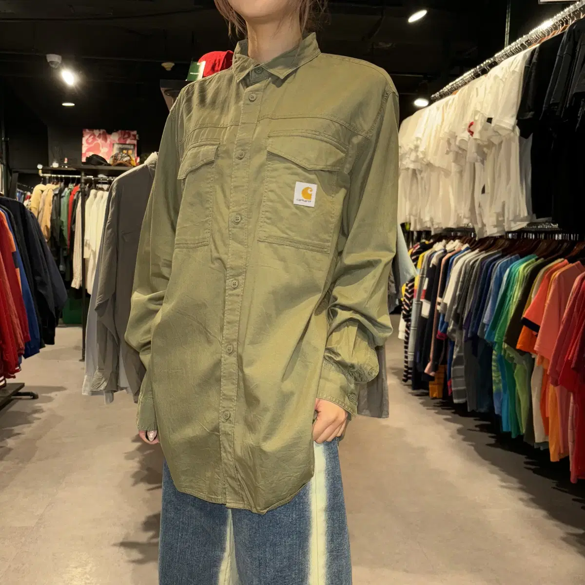 (062) CARHARTT 칼하트 올리브 투포켓 긴팔 셔츠 (M)