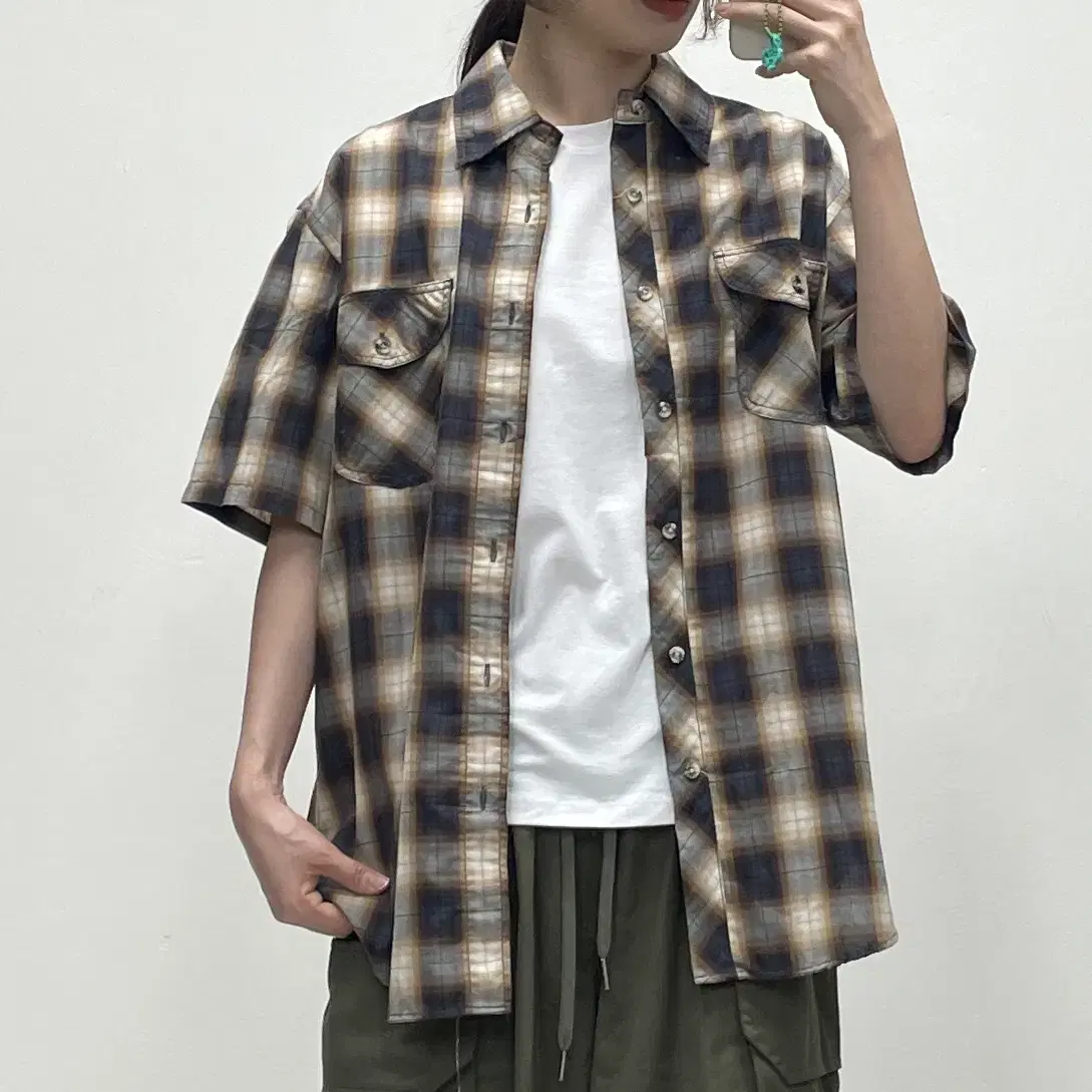 KANSAI JEANS Pocket short-sleeved check shirt L [052204]