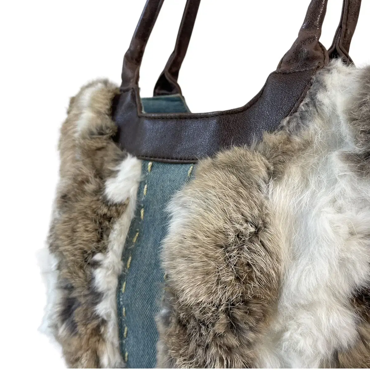 Denim brown fur mix shoulder bag