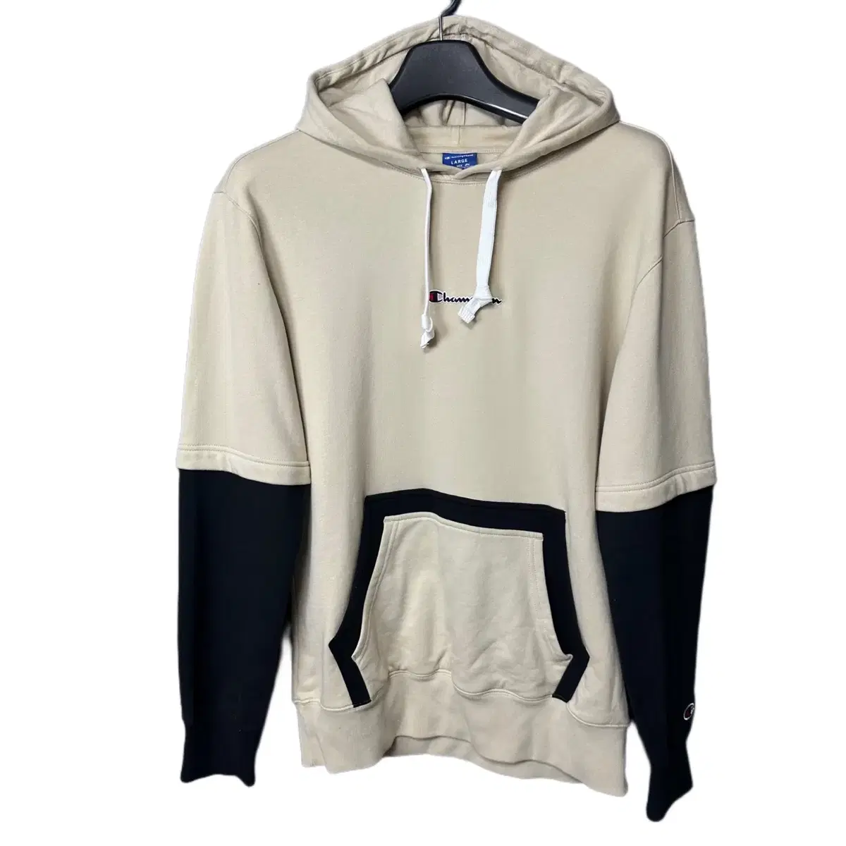 L Champion Logo Beige Layered Hooded T-Shirt