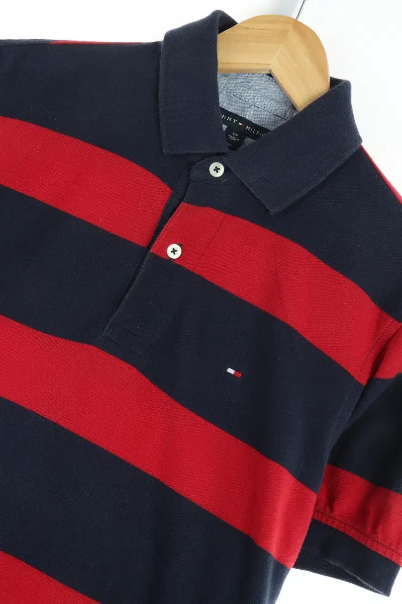 (S-M) Tommy Hilfiger Short Sleeve kara T-shirt Striped Navy-CB16