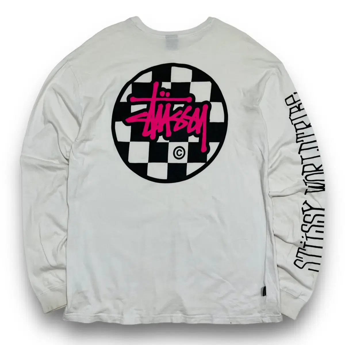 Stussy Vintage Pink Logo Chessboard White Long Sleeve