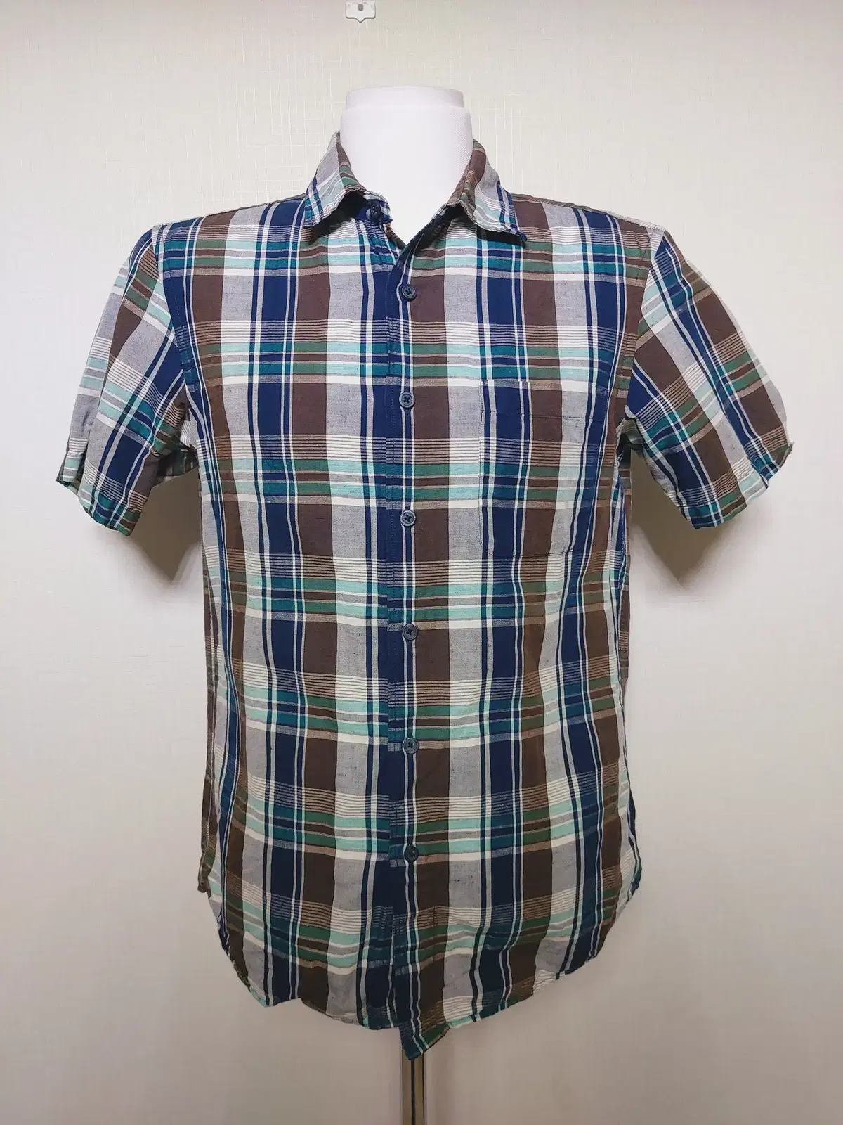 UNIQLO Men's shirt Linen cotton bloo Brown check kara M short sleeve