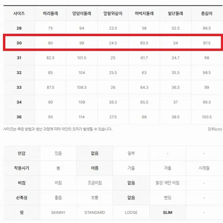 [미개봉] 폴햄 여름 쿨 슬랙스 30사이즈 슬림핏