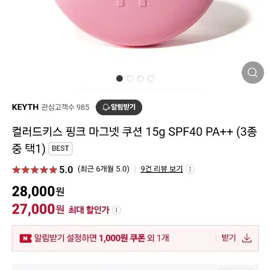 /핑크덕후추천/컬러드키스 핑크 마그넷 쿠션 15g SPF40 PA++