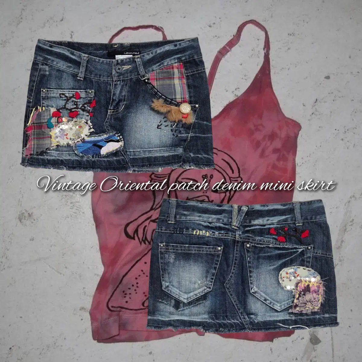 Vintage Oriental patch denim mini skirt