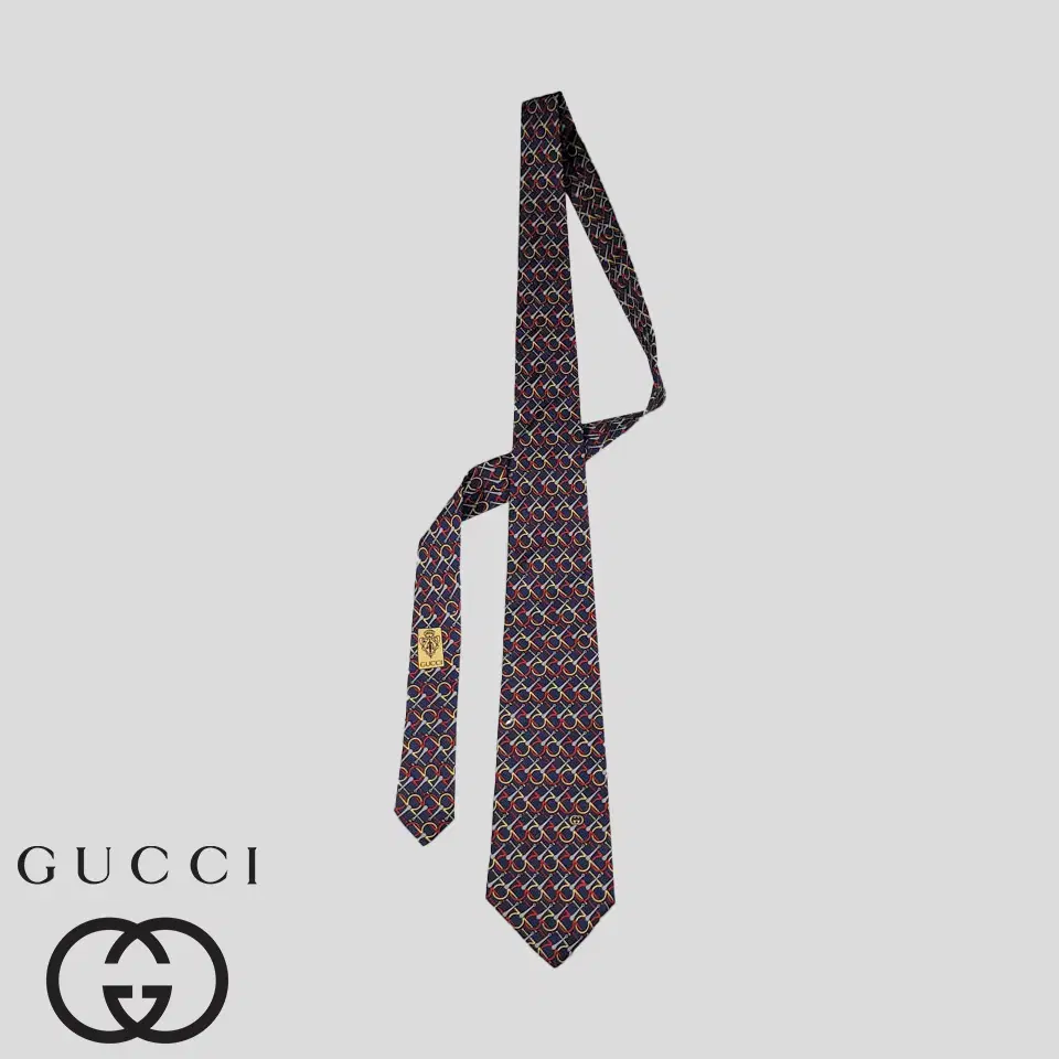 GUCCI 구찌 네이비 멀티컬러 고리패턴 실크100 넥타이 MADE IN