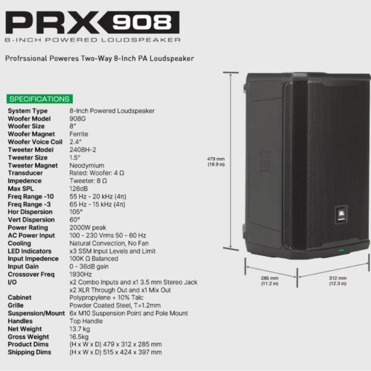 JBL PRX 908 (8inch/2000W) / 2통 기준(총 4통)