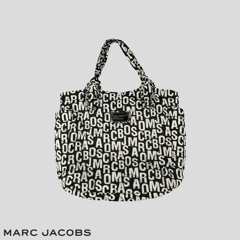 Black and white spell pattern nylon tote by Marc by Marc Jacobs