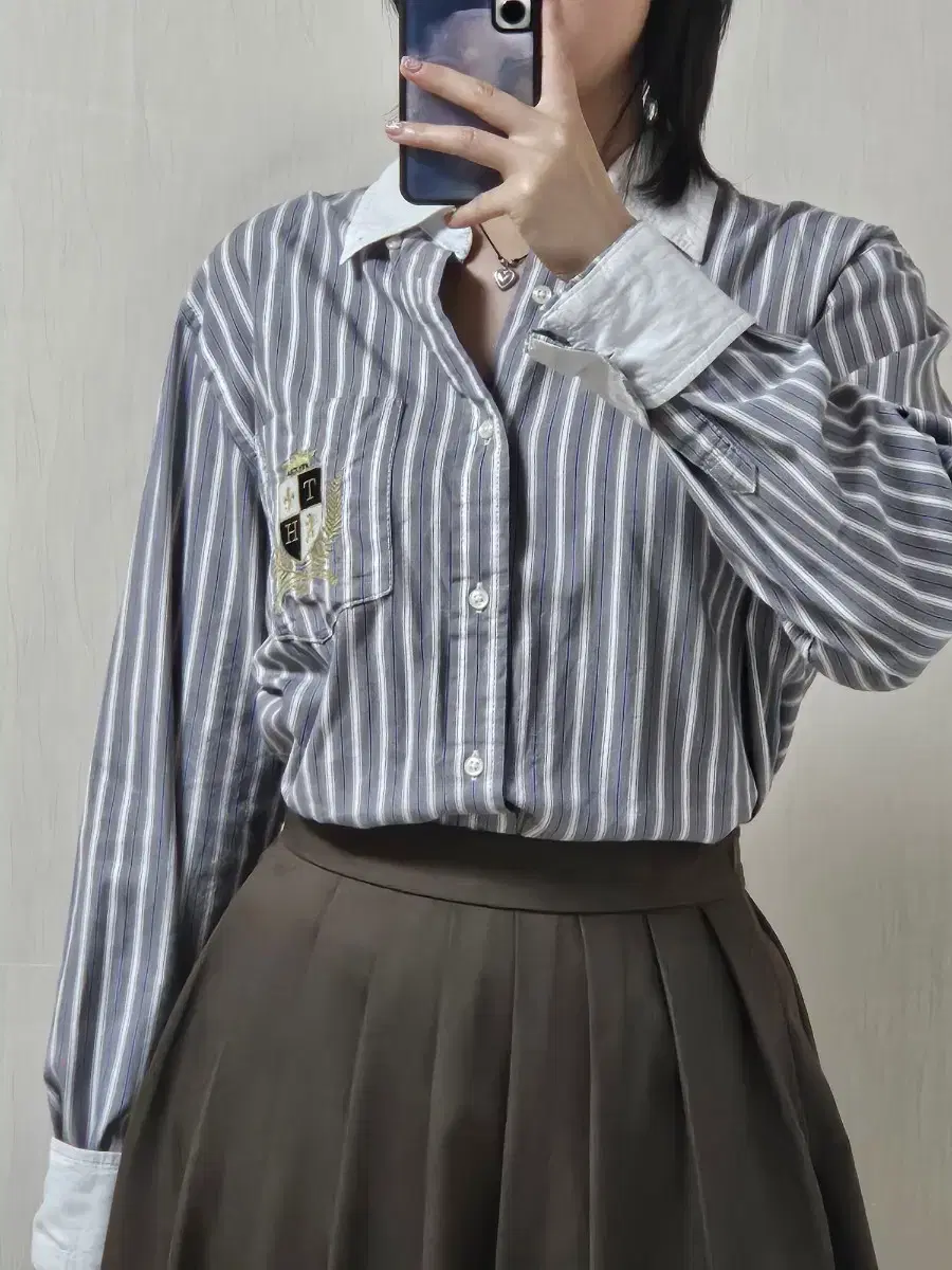 Tommy Hilfiger Gray Striped Embroidered Shirt