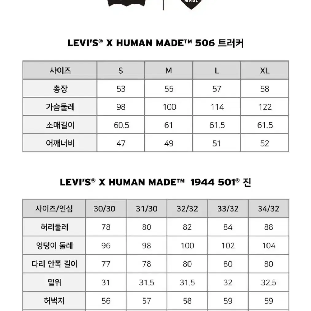 휴먼메이드 리바이스 501 인디고 1944 진 34 사이즈