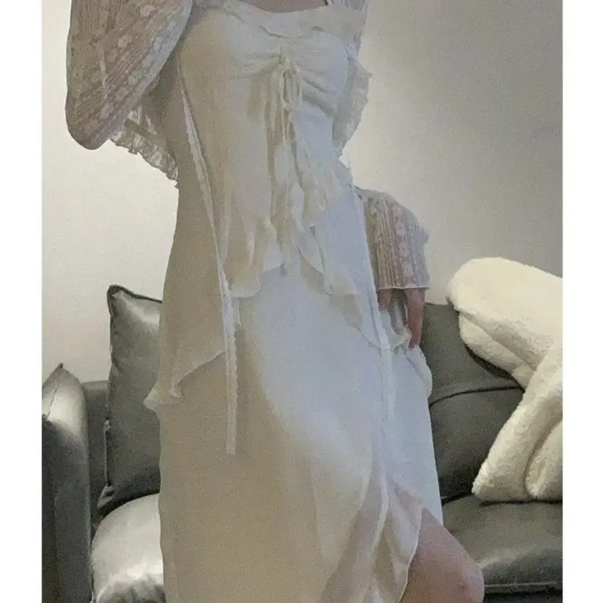 Frill chiffon long dress ivory 새상품